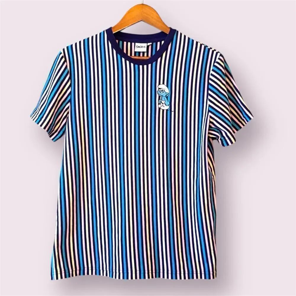 SMURFS Striped Short Sleeve Tee Embroidered Smurf On Chest